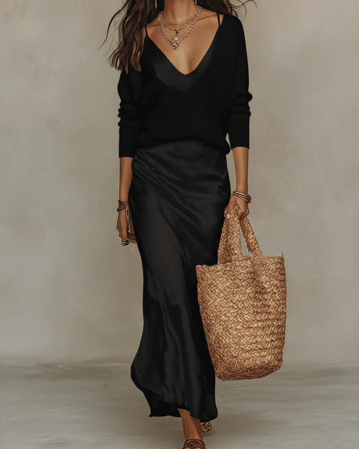 Damen Langarm-Midi-Kleid mit Satin-Unterkleid und Strickpullover - Schwarz