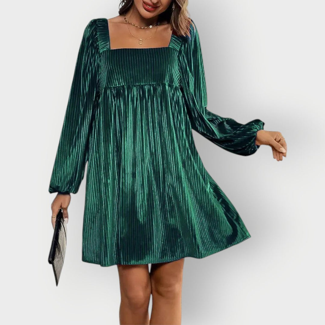 Damen Langarm Plissee Samtkleid Eckausschnitt Elegantes Formal Dress - Dunkelgrün