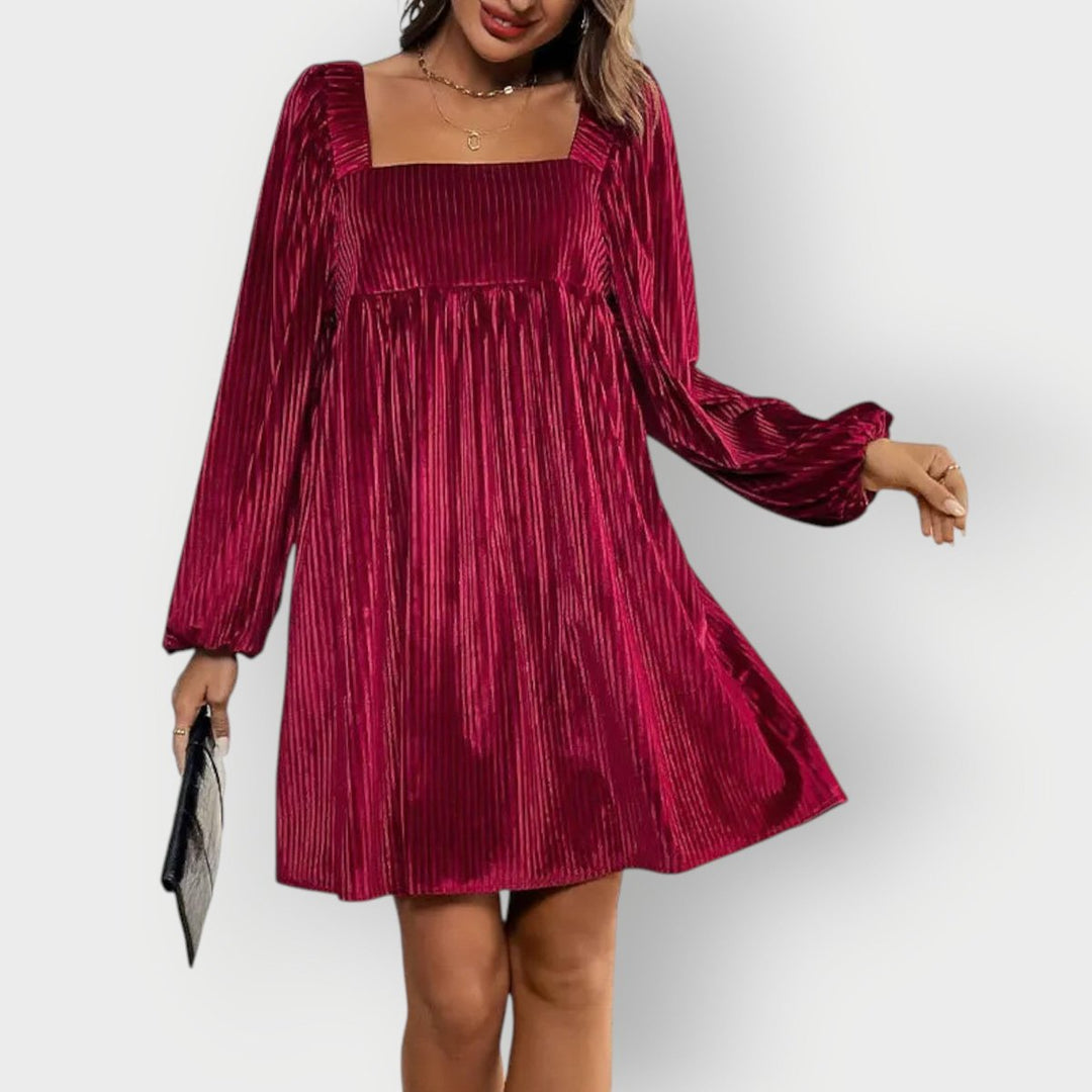 Damen Langarm Plissee Samtkleid Eckausschnitt Elegantes Formal Dress - Weinrot