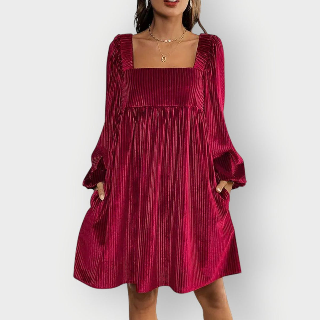 Damen Langarm Plissee Samtkleid Eckausschnitt Elegantes Formal Dress