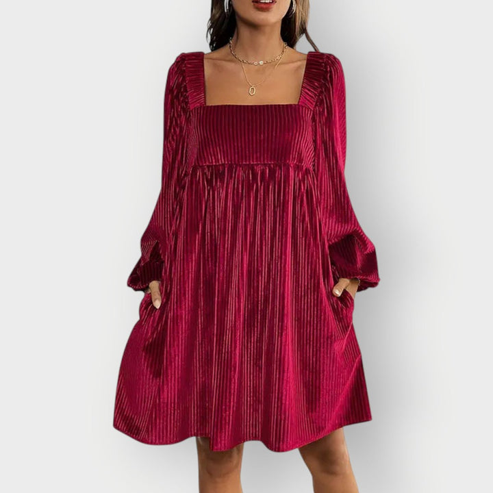 Damen Langarm Plissee Samtkleid Eckausschnitt Elegantes Formal Dress