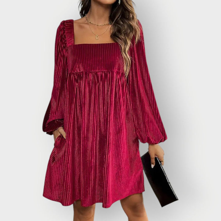 Damen Langarm Plissee Samtkleid Eckausschnitt Elegantes Formal Dress