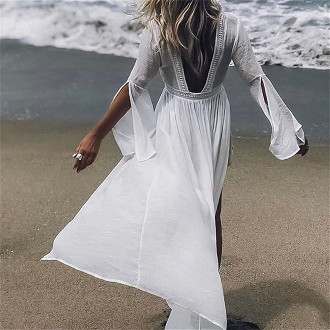 Damen Langarm Rückenfreie Maxi-Tunika Strandkleid