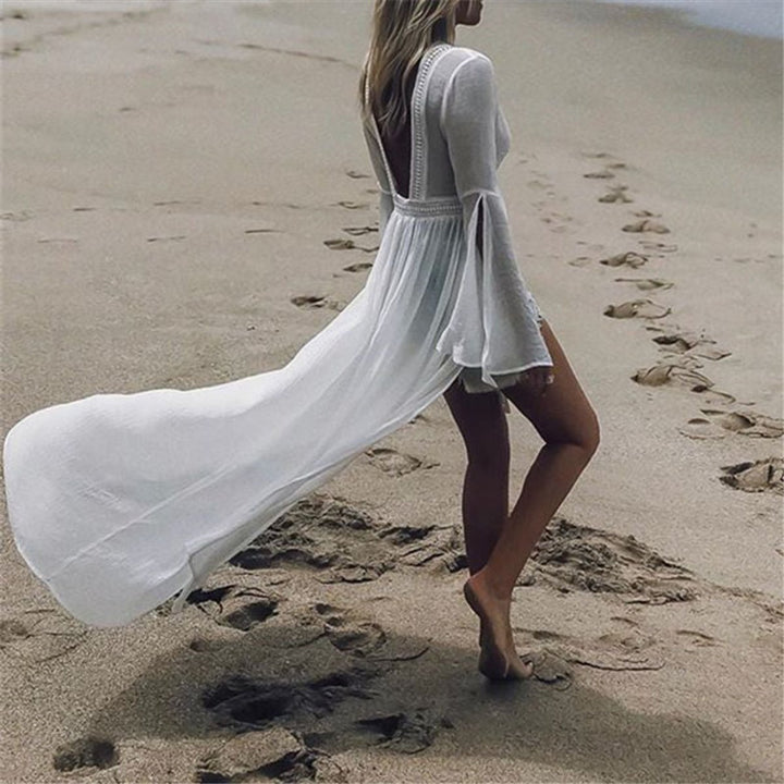 Damen Langarm Rückenfreie Maxi-Tunika Strandkleid