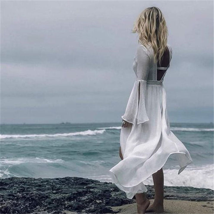 Damen Langarm Rückenfreie Maxi-Tunika Strandkleid