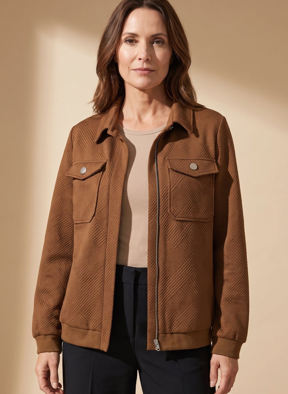 Damen Langarm-Steppjacke mit Reißverschluss Brusttaschen Hemdkragen