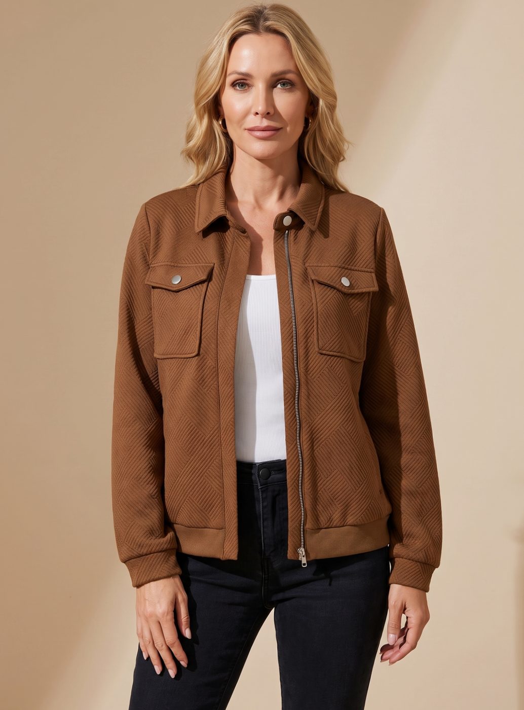 Damen Langarm-Steppjacke mit Reißverschluss Brusttaschen Hemdkragen