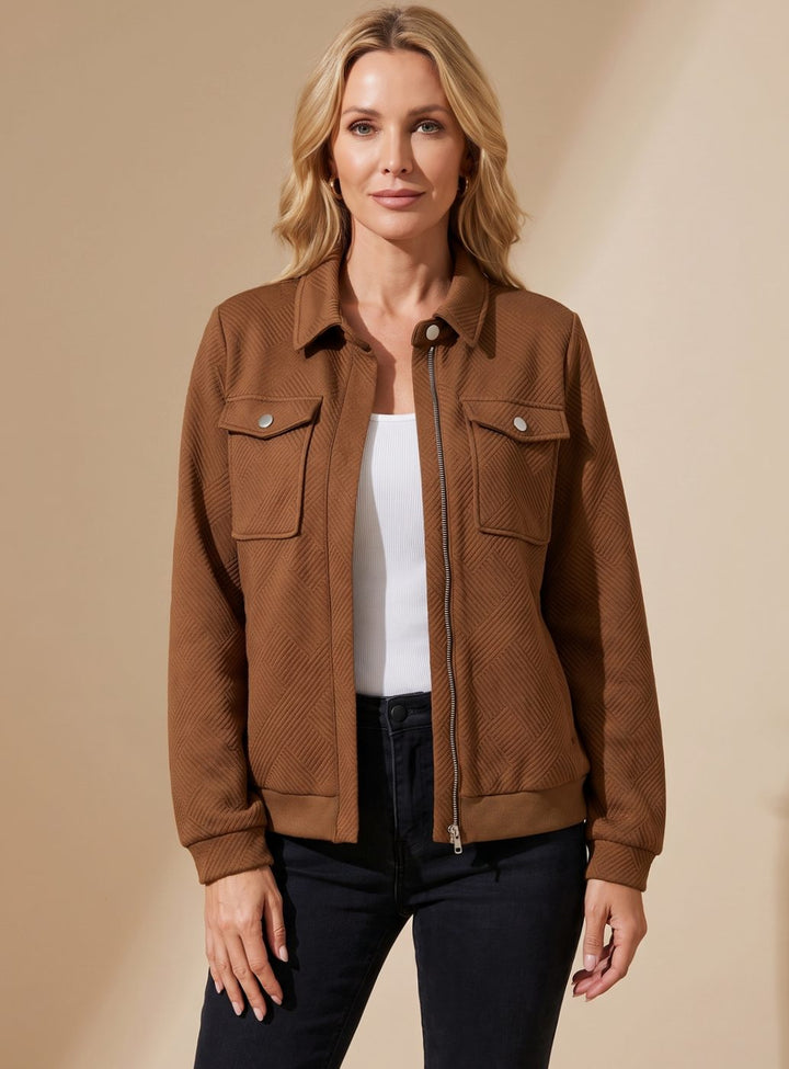 Damen Langarm-Steppjacke mit Reißverschluss Brusttaschen Hemdkragen