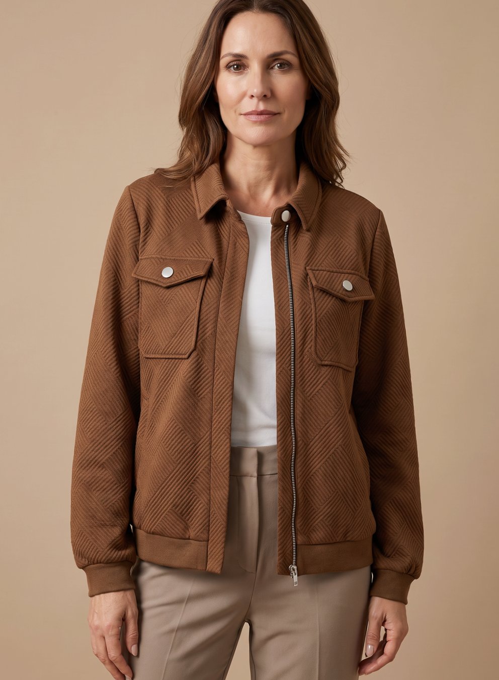 Damen Langarm-Steppjacke mit Reißverschluss Brusttaschen Hemdkragen