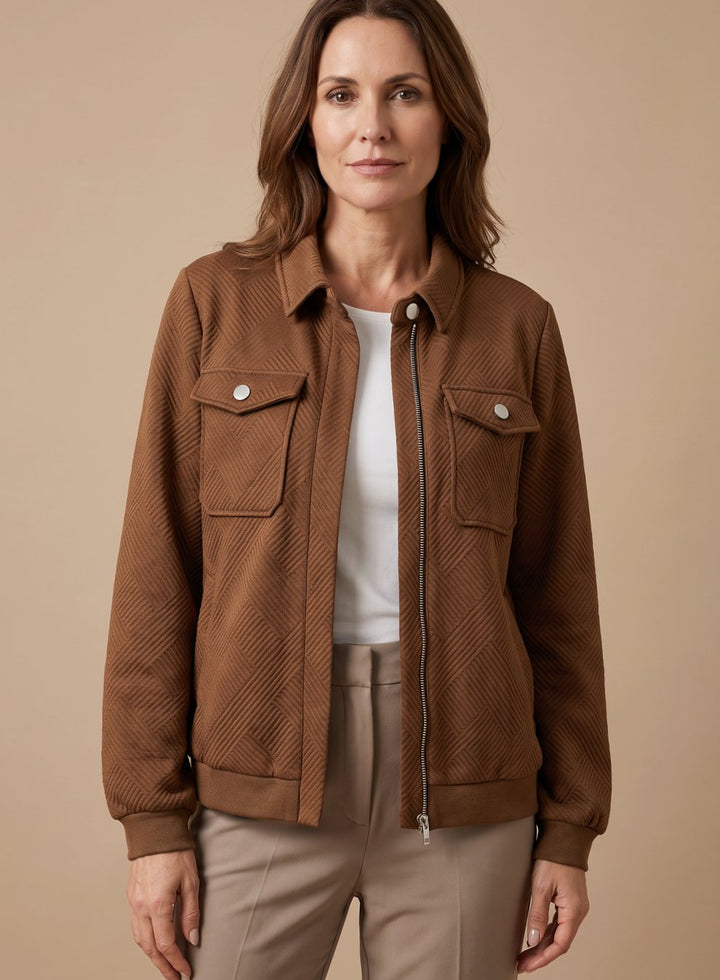 Damen Langarm-Steppjacke mit Reißverschluss Brusttaschen Hemdkragen