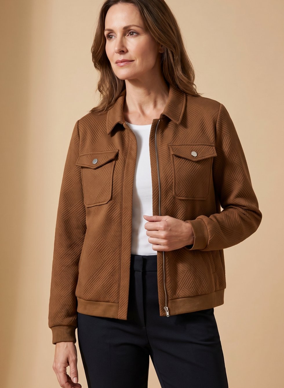 Damen Langarm-Steppjacke mit Reißverschluss Brusttaschen Hemdkragen - Kaffee Braun
