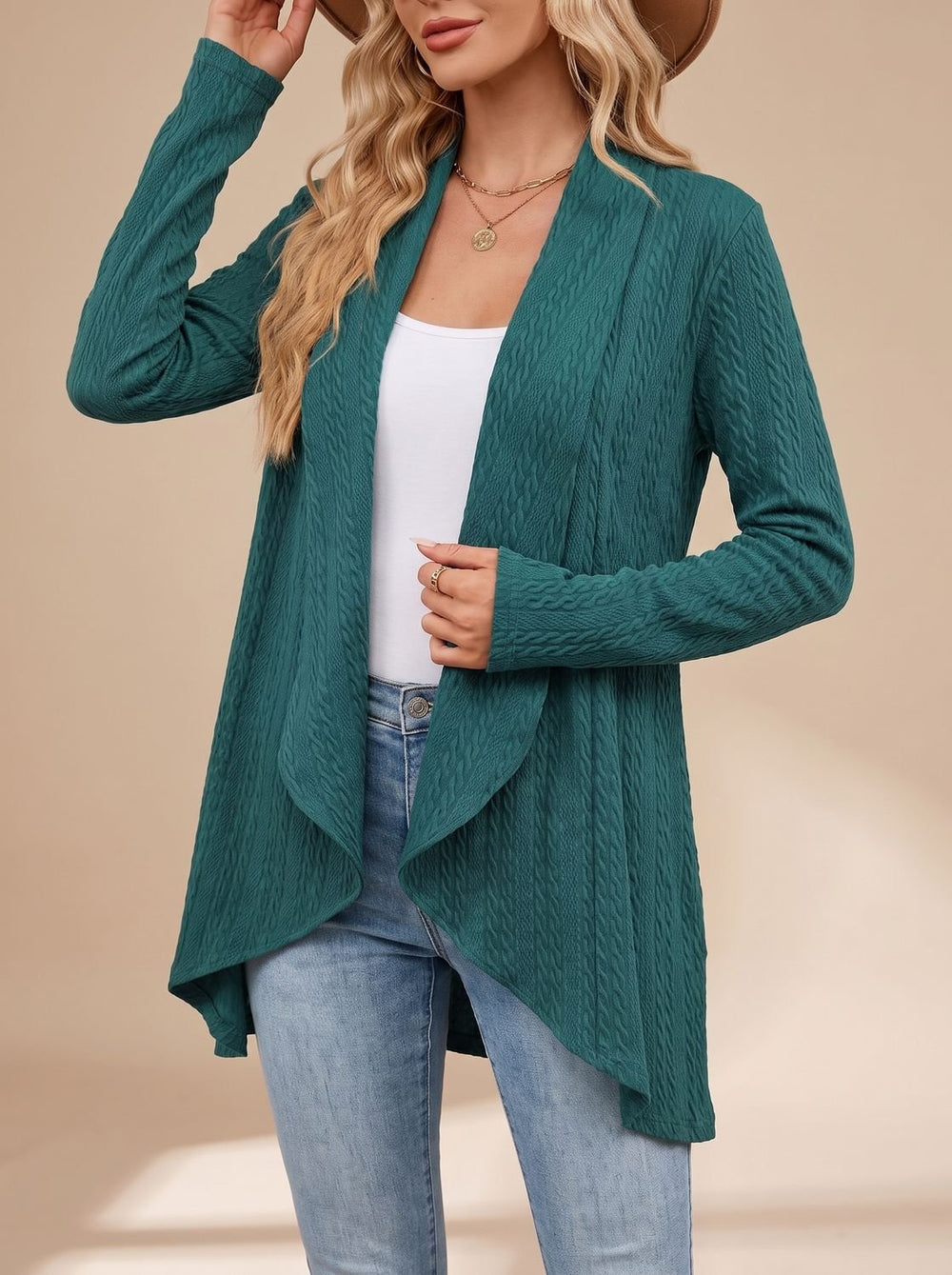 Damen Langarm Strickjacke Offene Front Kabelstruktur Hüftlang - Grün