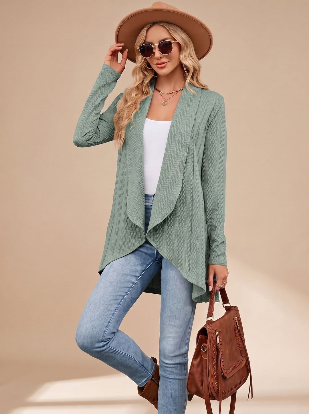 Damen Langarm Strickjacke Offene Front Kabelstruktur Hüftlang
