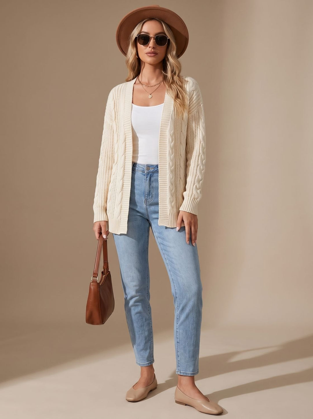 Damen Langarm Strickjacke Offene Front Kabelstruktur Hüftlang - Beige