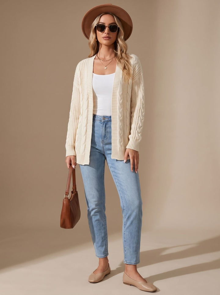 Damen Langarm Strickjacke Offene Front Kabelstruktur Hüftlang - Beige