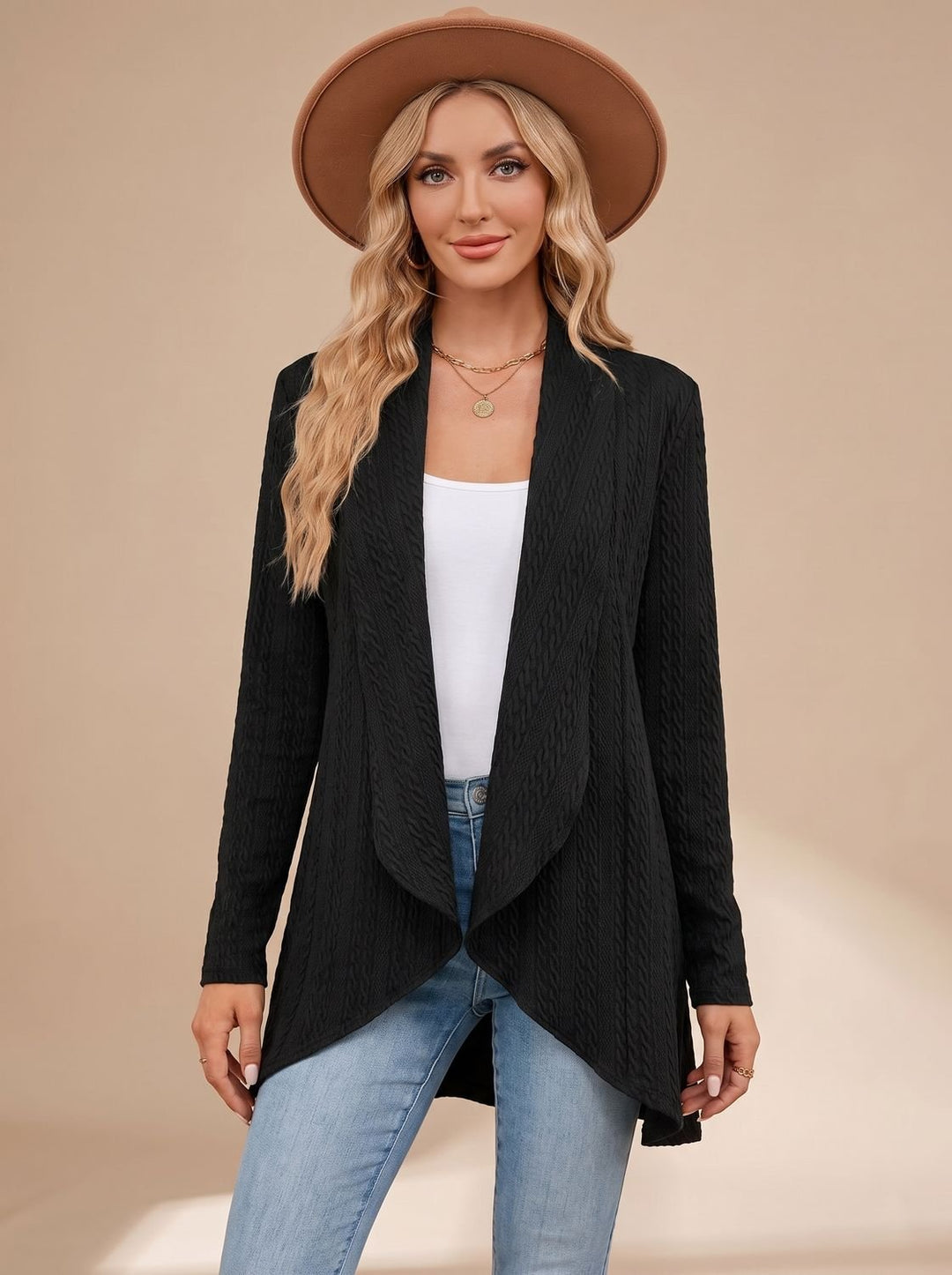 Damen Langarm Strickjacke Offene Front Kabelstruktur Hüftlang - Schwarz