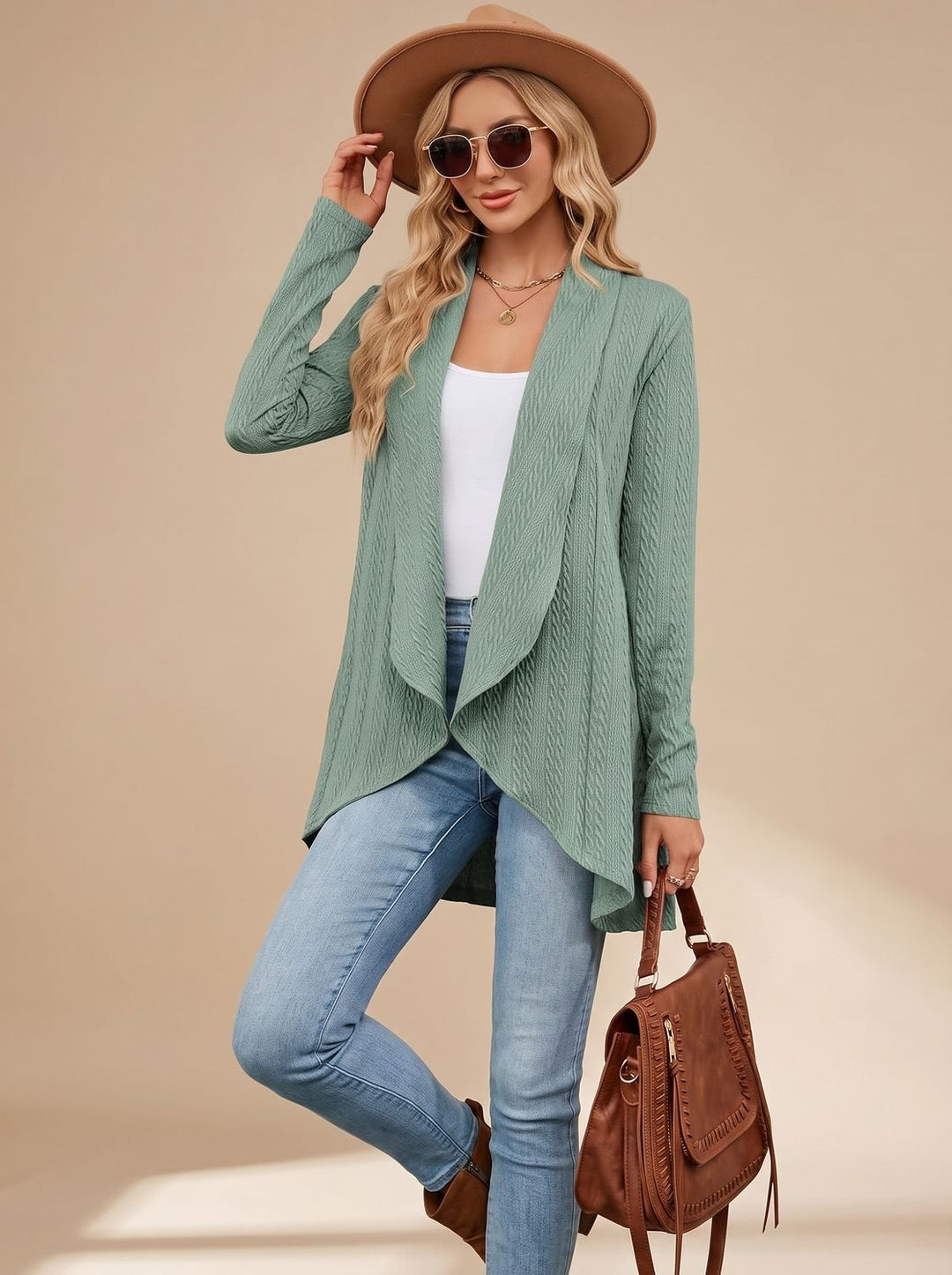 Damen Langarm Strickjacke Offene Front Kabelstruktur Hüftlang - Hellgrün