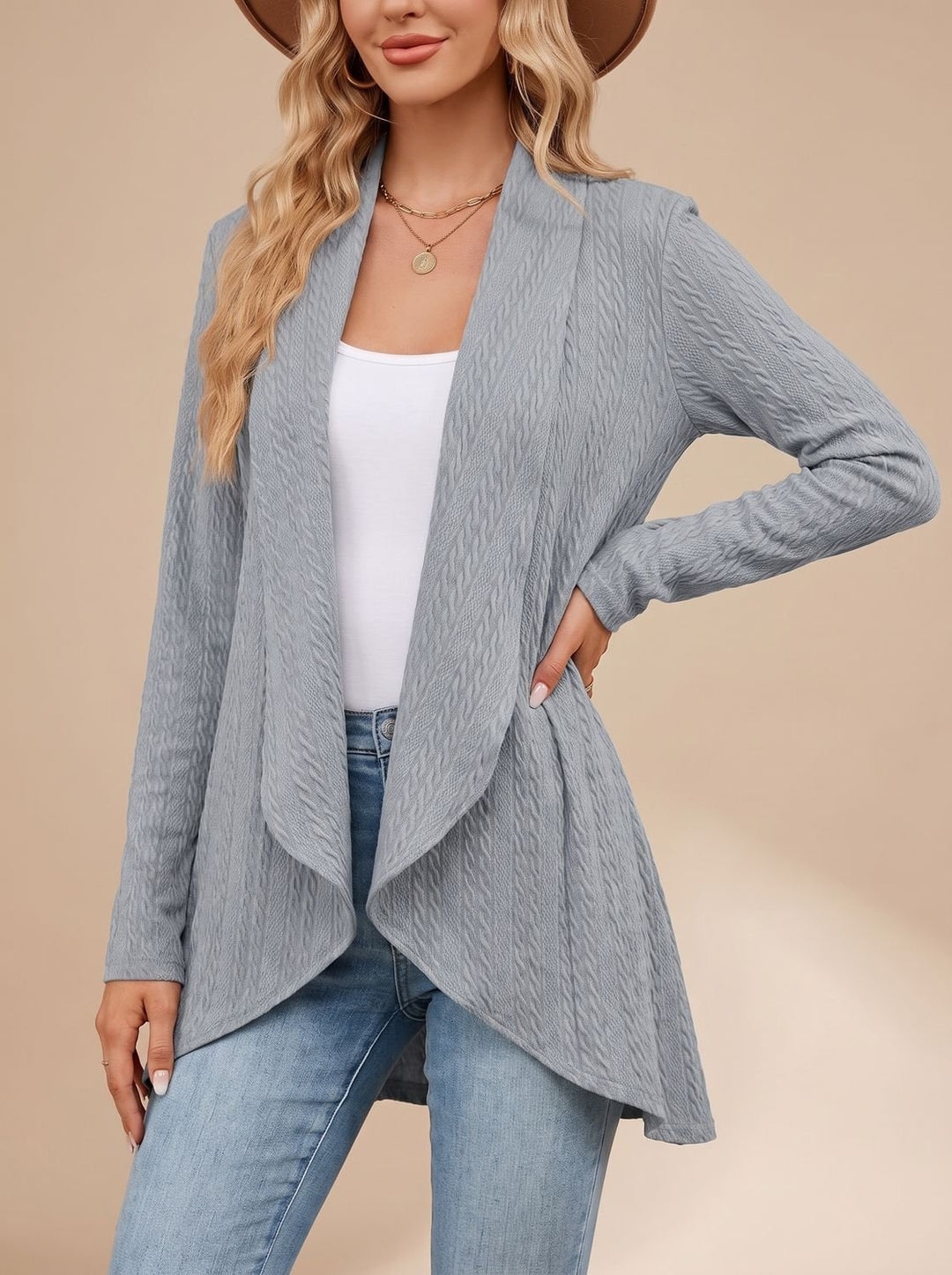Damen Langarm Strickjacke Offene Front Kabelstruktur Hüftlang - Grau