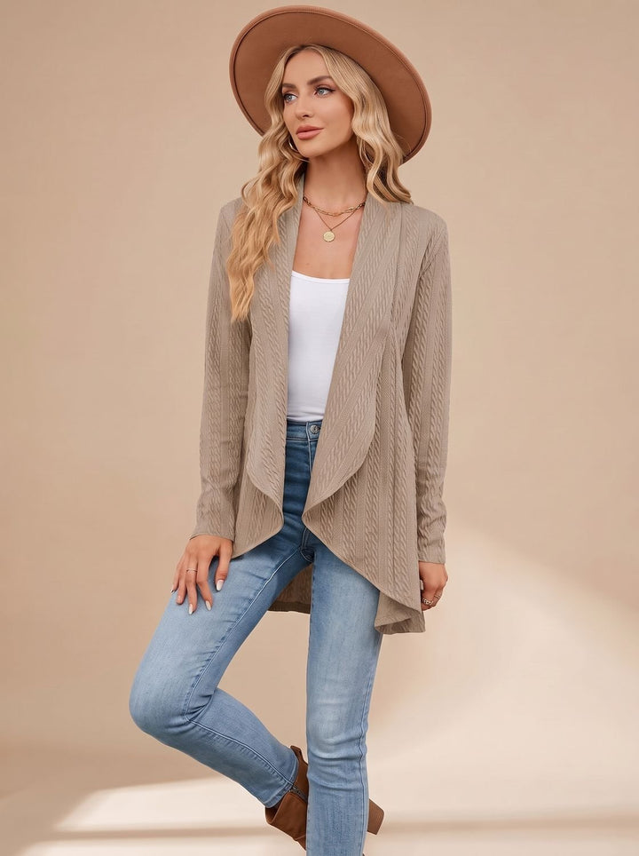 Damen Langarm Strickjacke Offene Front Kabelstruktur Hüftlang - Khaki