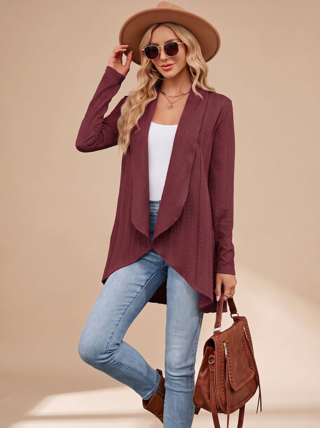 Damen Langarm Strickjacke Offene Front Kabelstruktur Hüftlang - Rot