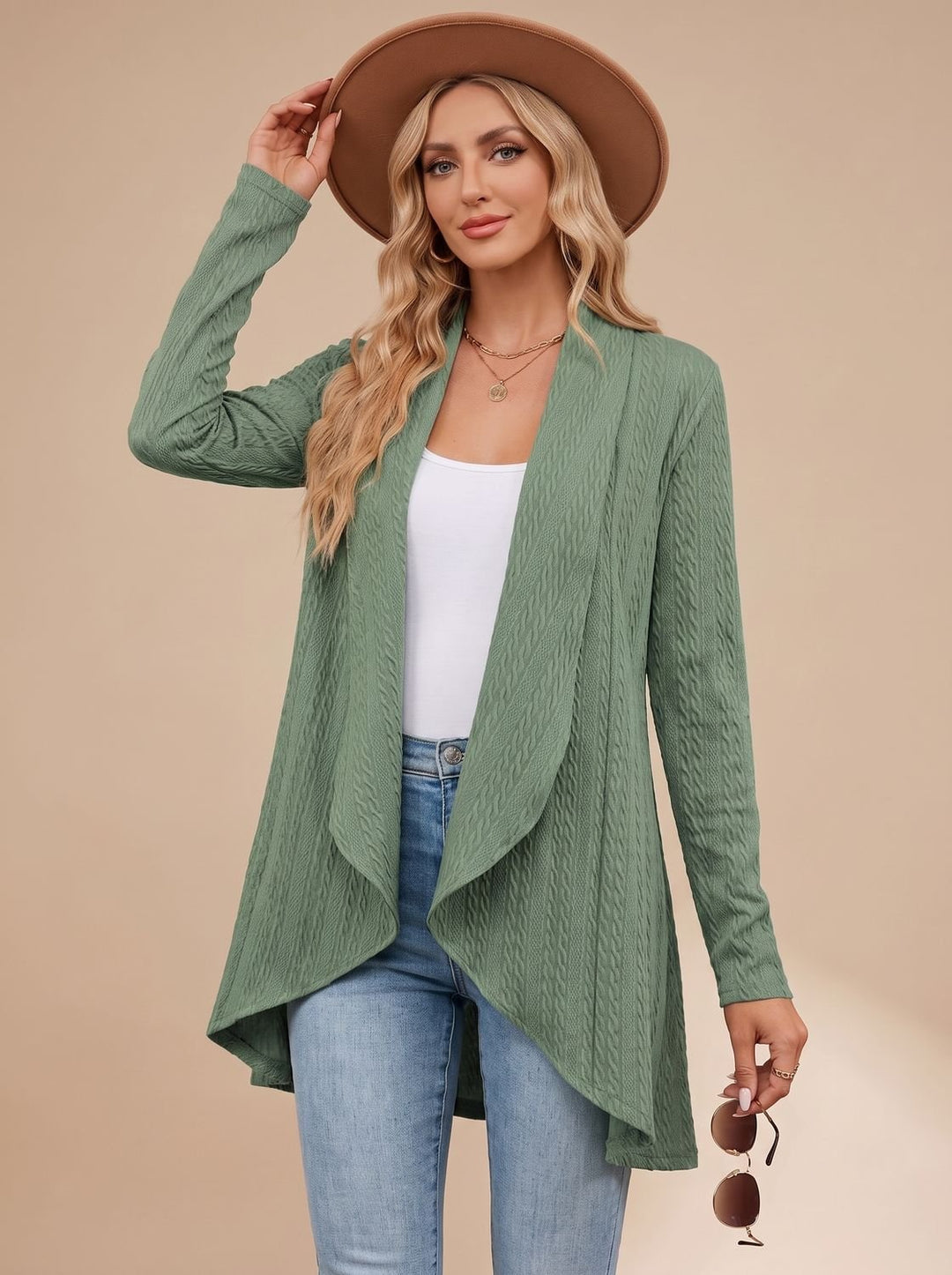 Damen Langarm Strickjacke Offene Front Kabelstruktur Hüftlang