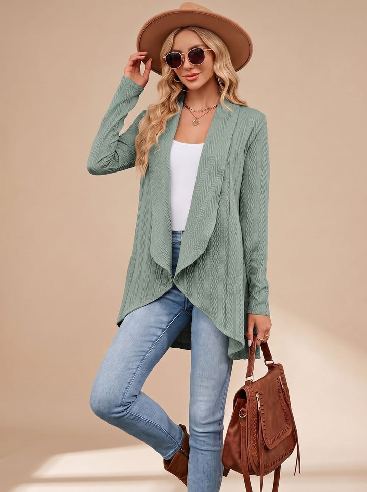 Damen Langarm Strickjacke Offene Front Kabelstruktur Hüftlang