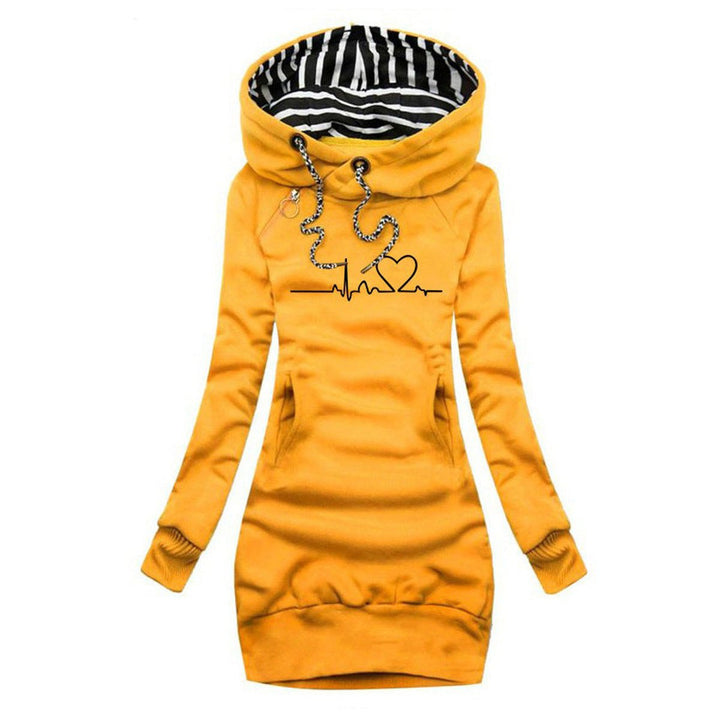 Damen Langarm-Sweatshirt-Kleid mit Herzschlag-Print und Kapuze - Gelb