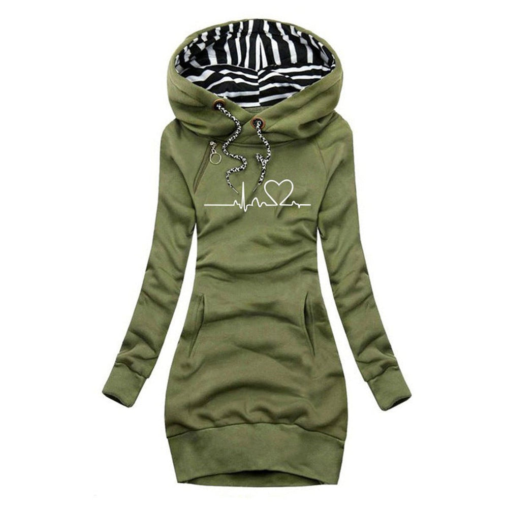 Damen Langarm-Sweatshirt-Kleid mit Herzschlag-Print und Kapuze - Grün