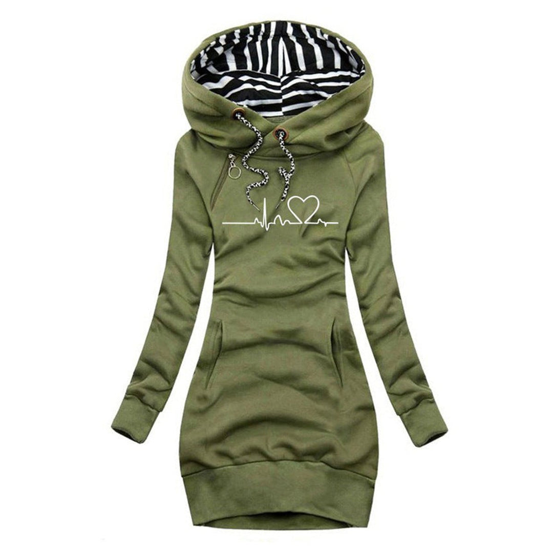 Damen Langarm-Sweatshirt-Kleid mit Herzschlag-Print und Kapuze - Grün