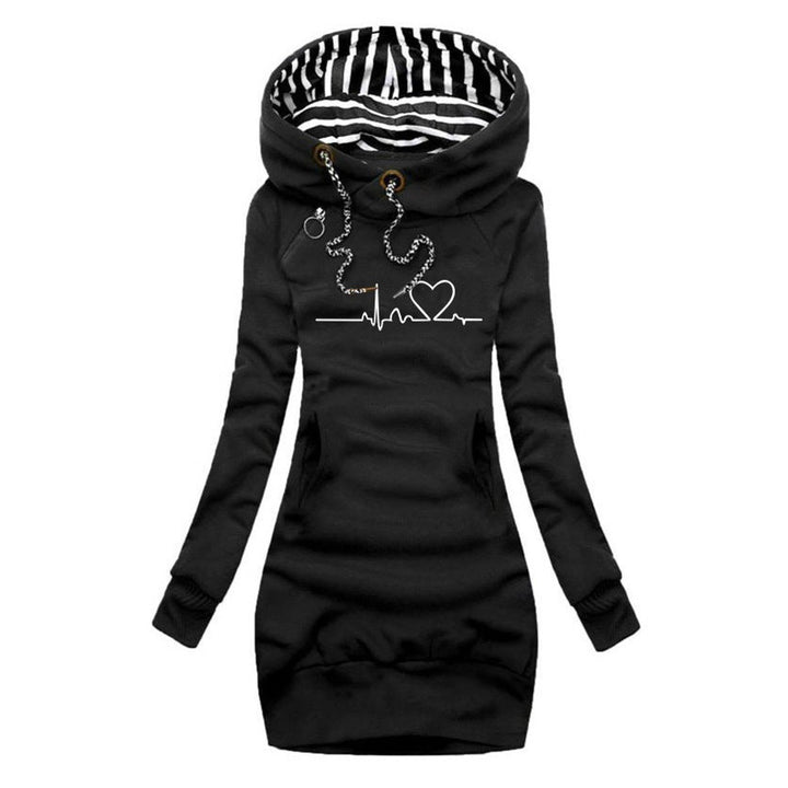 Damen Langarm-Sweatshirt-Kleid mit Herzschlag-Print und Kapuze - Schwarz