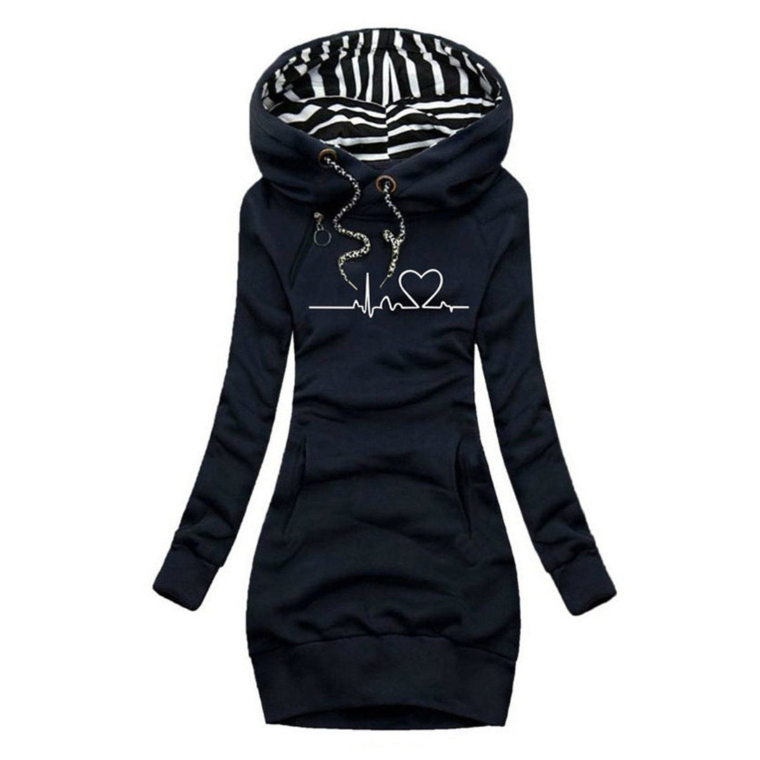 Damen Langarm-Sweatshirt-Kleid mit Herzschlag-Print und Kapuze - Blau