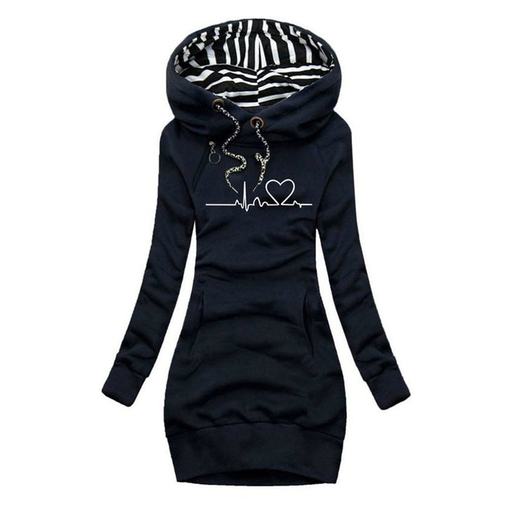 Damen Langarm-Sweatshirt-Kleid mit Herzschlag-Print und Kapuze - Blau