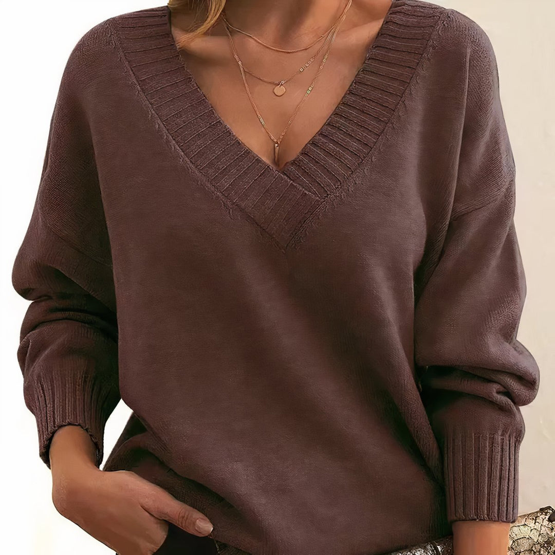 Damen Langarm V-Ausschnitt Cashmere-Blend Strick Sweater - Auburn