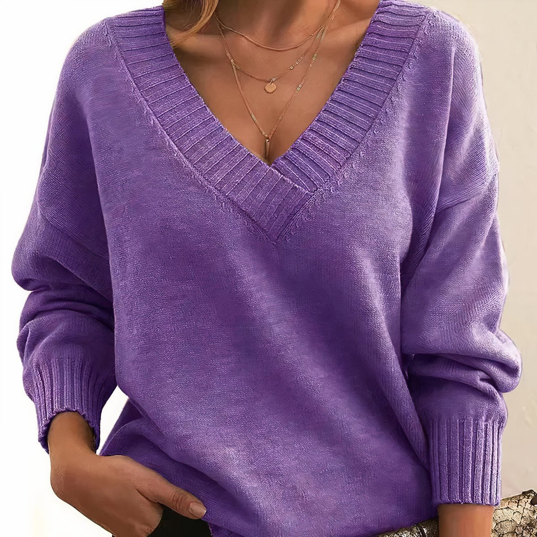 Damen Langarm V-Ausschnitt Cashmere-Blend Strick Sweater - Purple