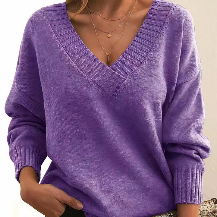 Damen Langarm V-Ausschnitt Cashmere-Blend Strick Sweater - Purple