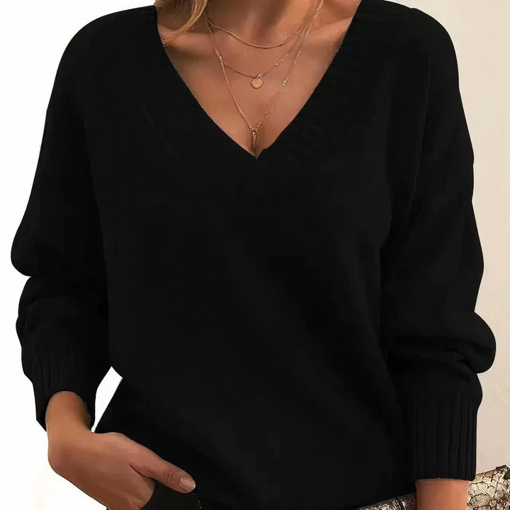 Damen Langarm V-Ausschnitt Cashmere-Blend Strick Sweater - Black