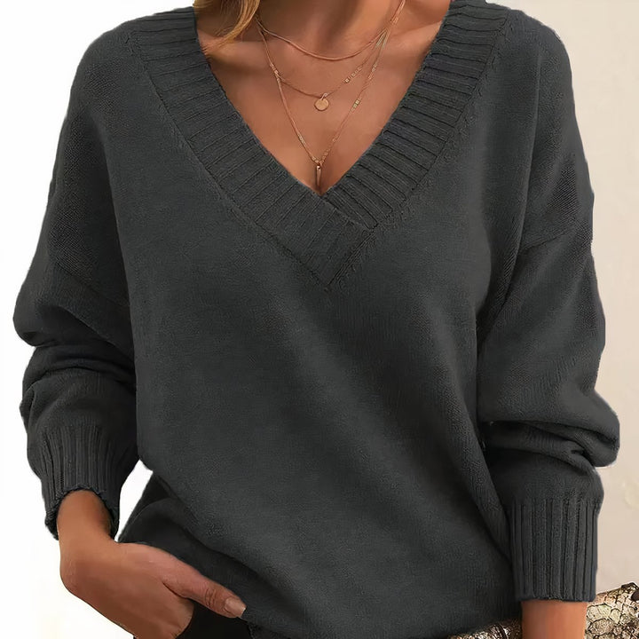 Damen Langarm V-Ausschnitt Cashmere-Blend Strick Sweater - Dark Gray