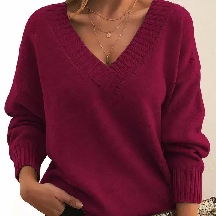 Damen Langarm V-Ausschnitt Cashmere-Blend Strick Sweater - Red