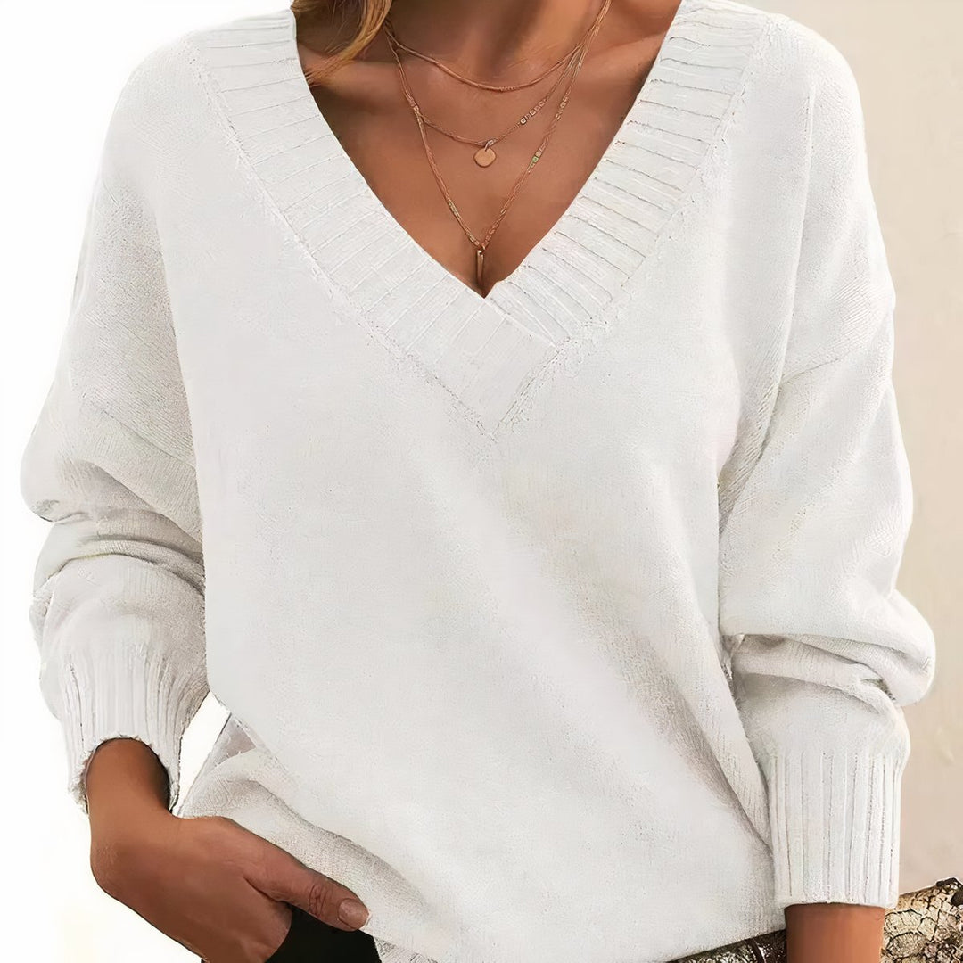 Damen Langarm V-Ausschnitt Cashmere-Blend Strick Sweater - White