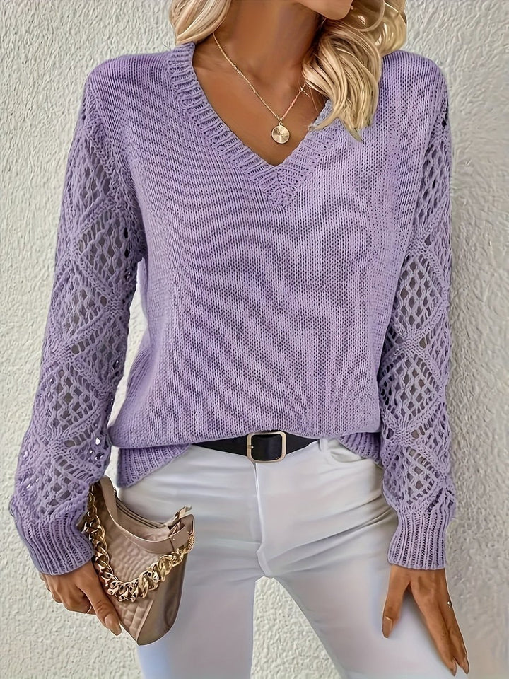 Damen Langarm V-Ausschnitt Lochstrick Pullover Knit Sweater - Lila