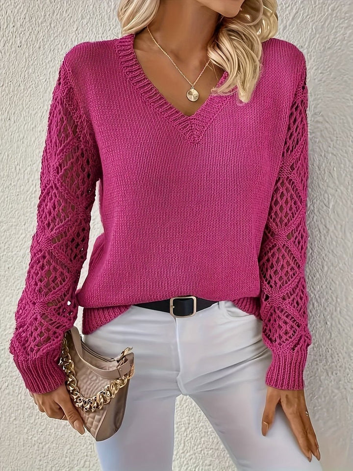 Damen Langarm V-Ausschnitt Lochstrick Pullover Knit Sweater