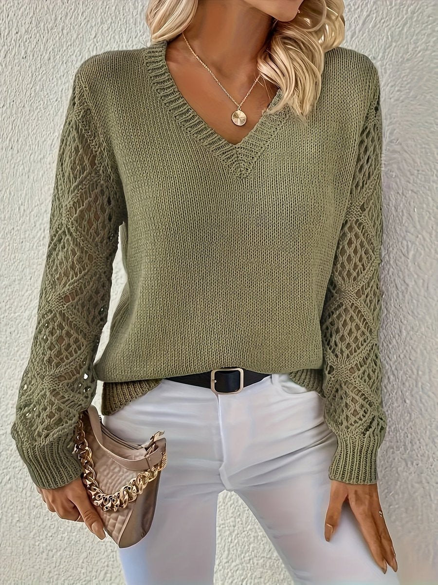 Damen Langarm V-Ausschnitt Lochstrick Pullover Knit Sweater - Olivgrün