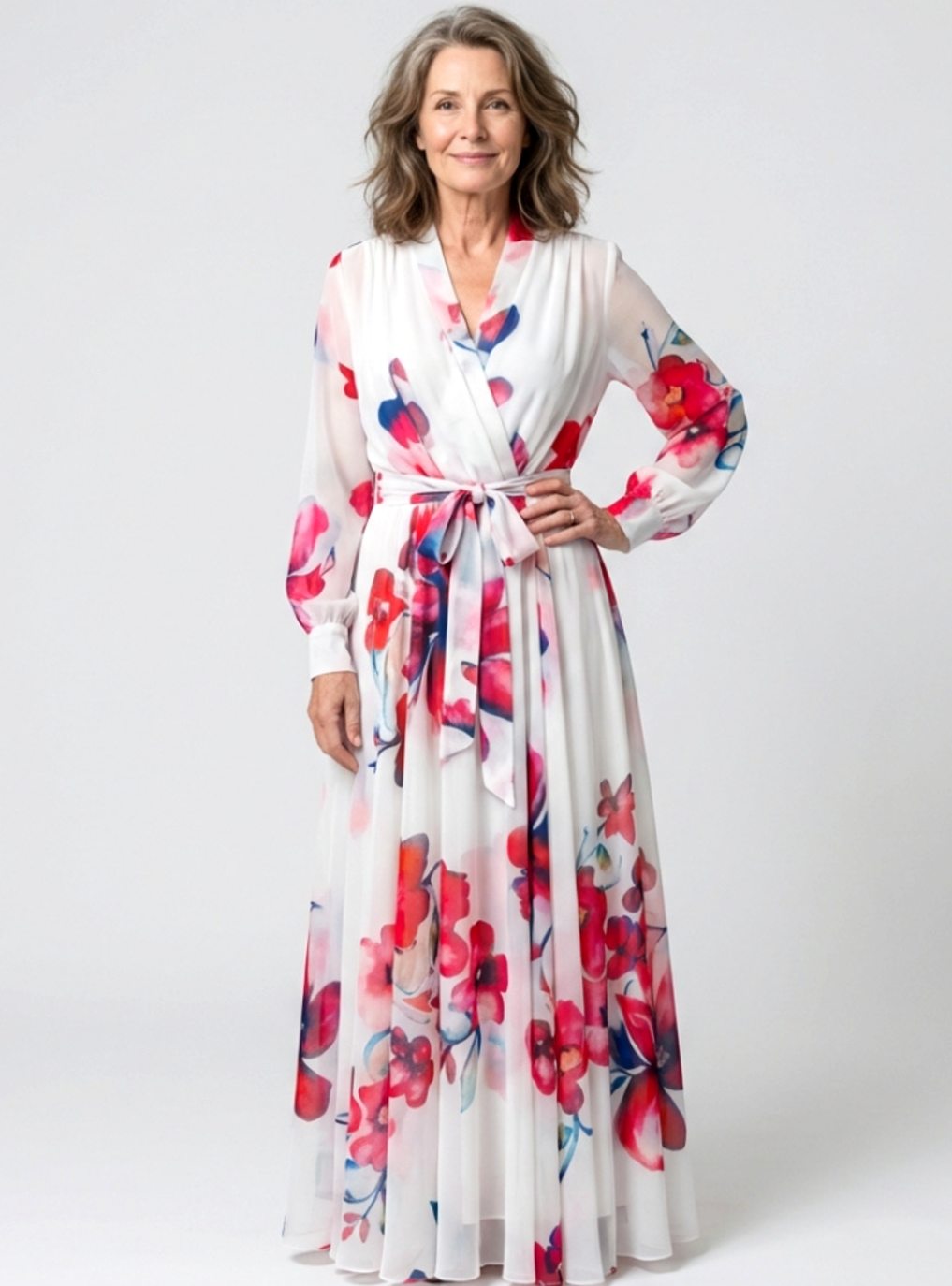 Damen Langarm Wickel-Maxikleid mit Blumenmuster und Bindegürtel - Rot
