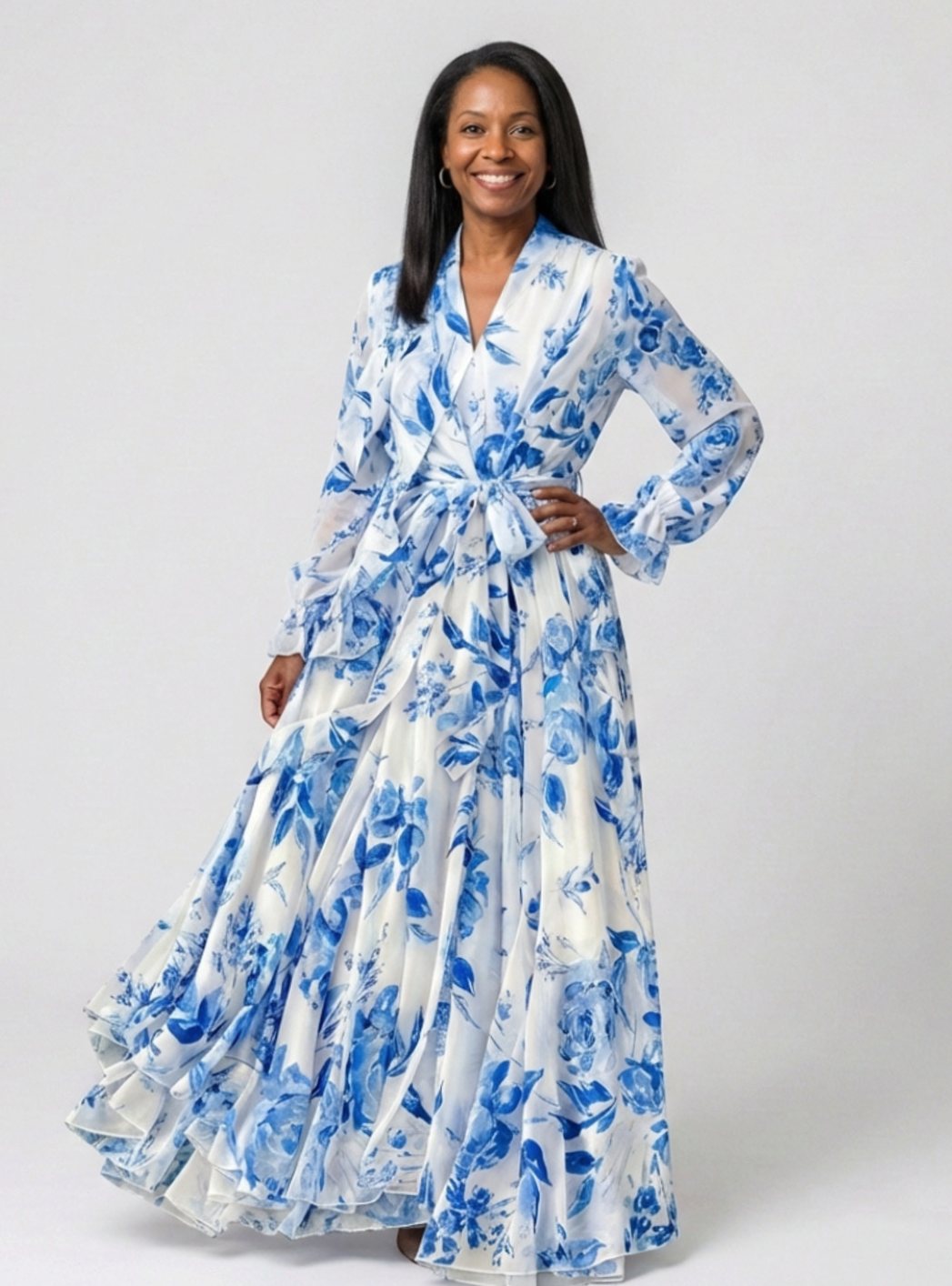 Damen Langarm Wickel-Maxikleid mit Blumenmuster und Bindegürtel - Blau