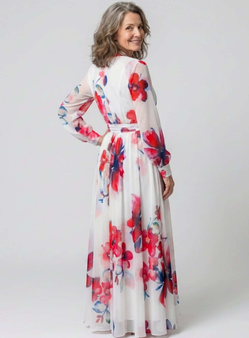Damen Langarm Wickel-Maxikleid mit Blumenmuster und Bindegürtel