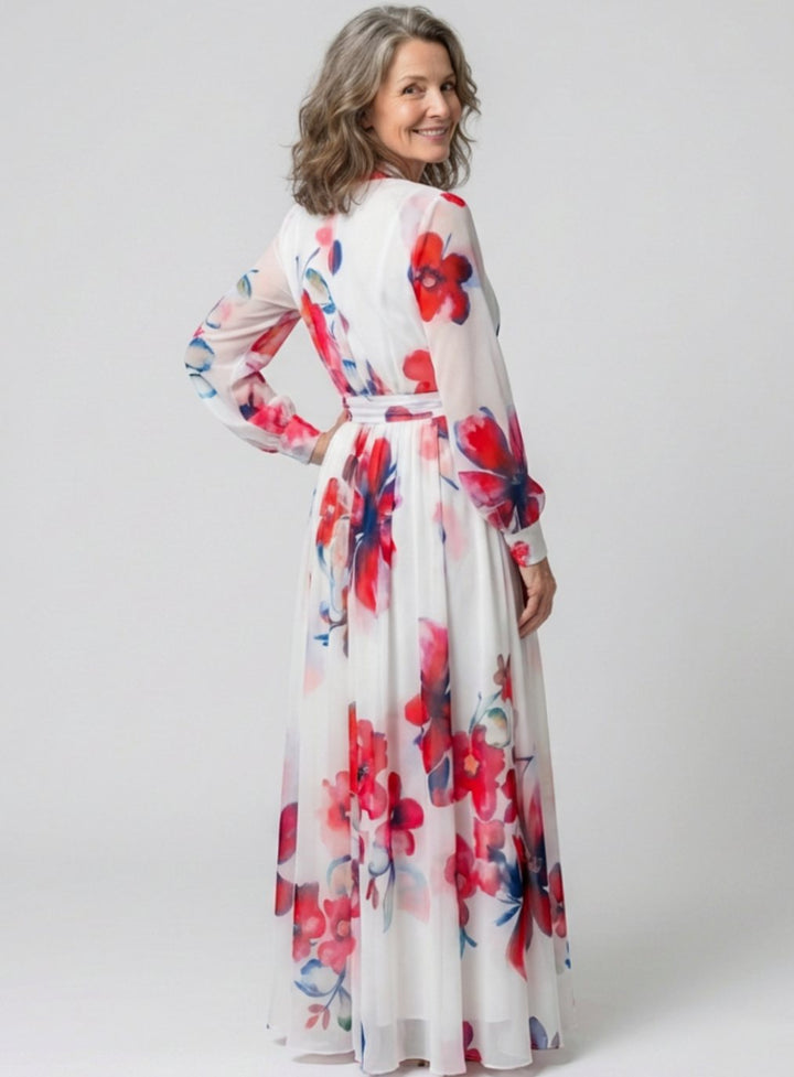 Damen Langarm Wickel-Maxikleid mit Blumenmuster und Bindegürtel