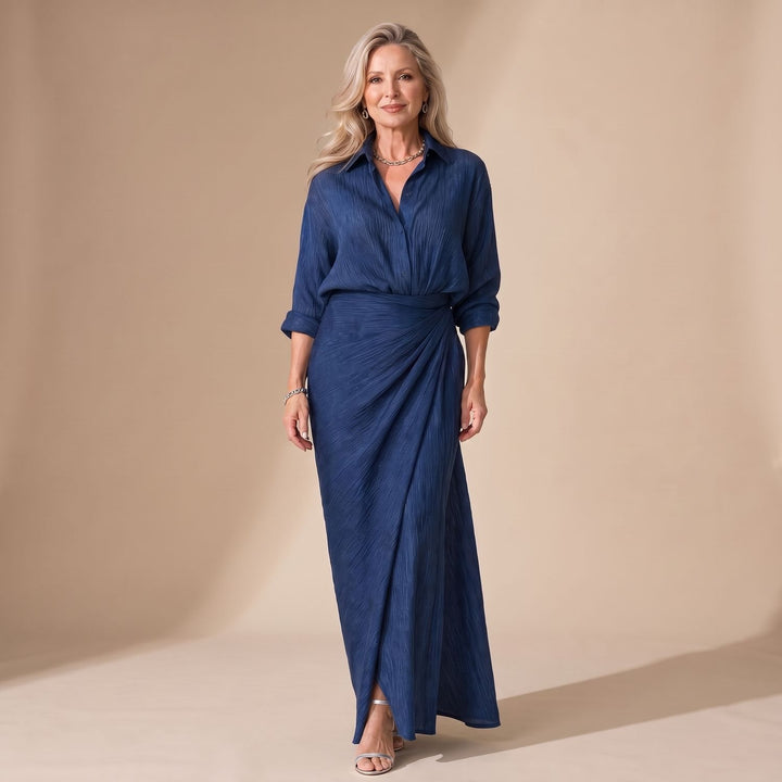 Damen Langarm Wickel-Maxikleid mit Kragen in Knopfleiste