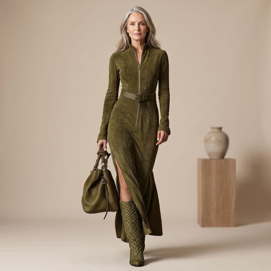 Damen Langarm Wildleder Maxi-Kleid mit Reißverschluss Gürtel und Seitenschlitz - Olivgrün