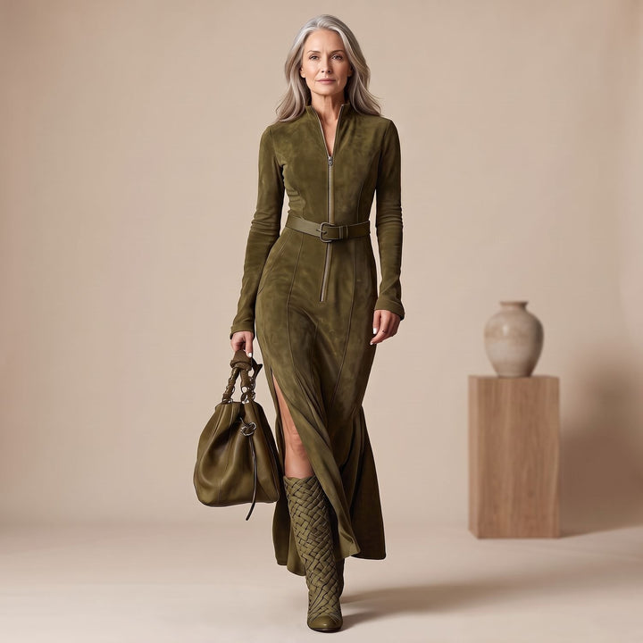 Damen Langarm Wildleder Maxi-Kleid mit Reißverschluss Gürtel und Seitenschlitz