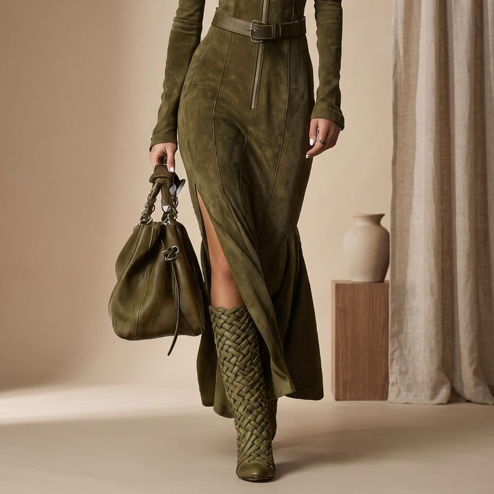 Damen Langarm Wildleder Maxi-Kleid mit Reißverschluss Gürtel und Seitenschlitz